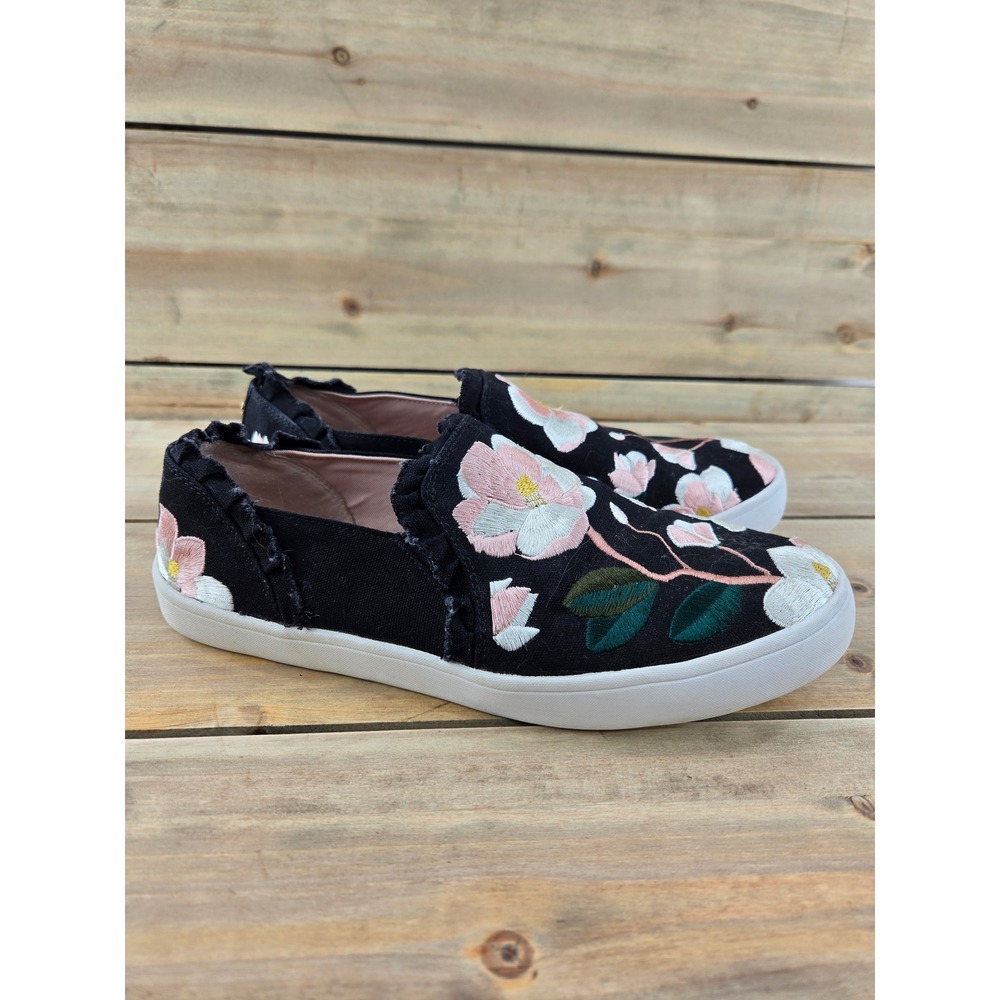 Kate Spade Leonie Black Floral Embroidered Ruffle Slip On Sneakers Women 8M